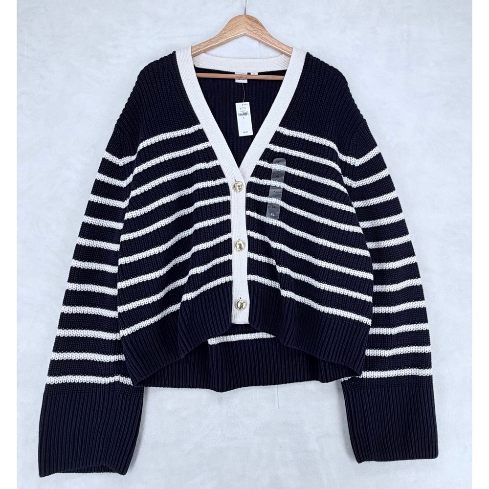 Gap Relaxed Button Cardigan Navy White Stripe Gold Crest Button XL 710937-01 NEW